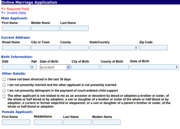 The state's marriage license application form, as posted online by Dallas County, says "male" and "female."