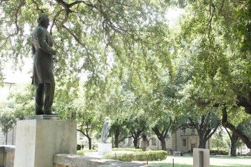A statue of Jefferson Davis, president of the Confederacy, standing at the top of UT-Austin’s South Mall is at the center of a renewed controversy about Confederate icons on the campus.