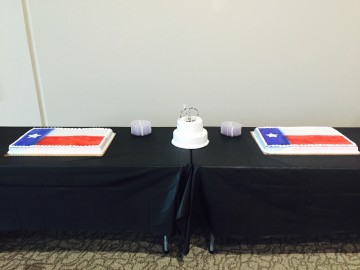Two cakes decorated as the Texas flag and a third adorned by male and female wedding rings sit in the foyer of Cottonwood Creek Baptist Church on Tuesday. 