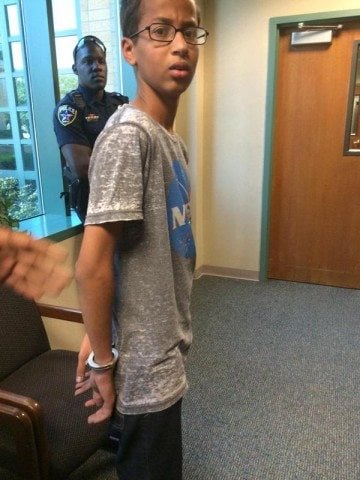 Ahmed Mohamed handcuffed at his Irving high school.