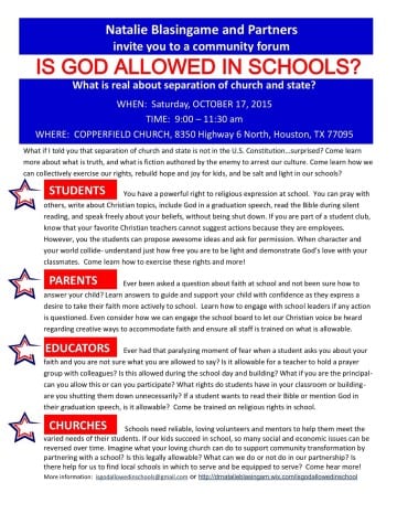 A flyer titled "Is God Allowed In Schools?"