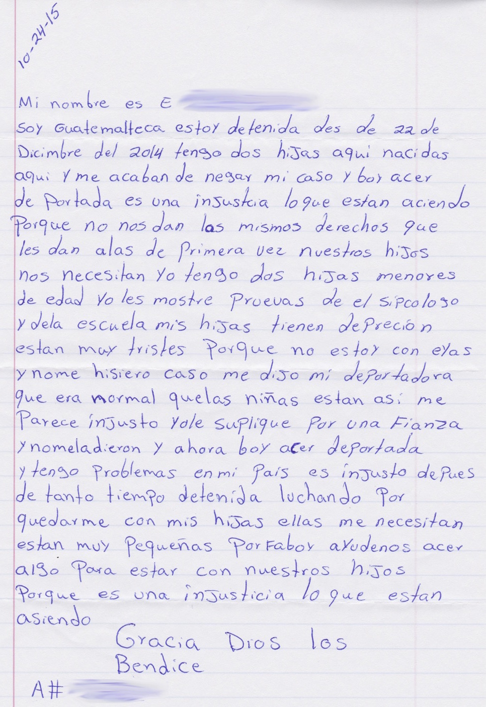A handwritten letter from "E.," a woman on hunger strike inside the T. Don Hutto detention facility.