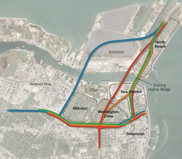 TxDOT opted for the red route, which would box Hillcrest residents in between refineries, the ship channel and two elevated freeways and cut them off from the Washington-Coles neighborhood.