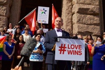 Jim Obergefell, plaintiff in the case that prompted the U.S. Supreme Court ruling in favor of same-sex marraige, speaks at the Texas State Capitol on June 29, 2015.