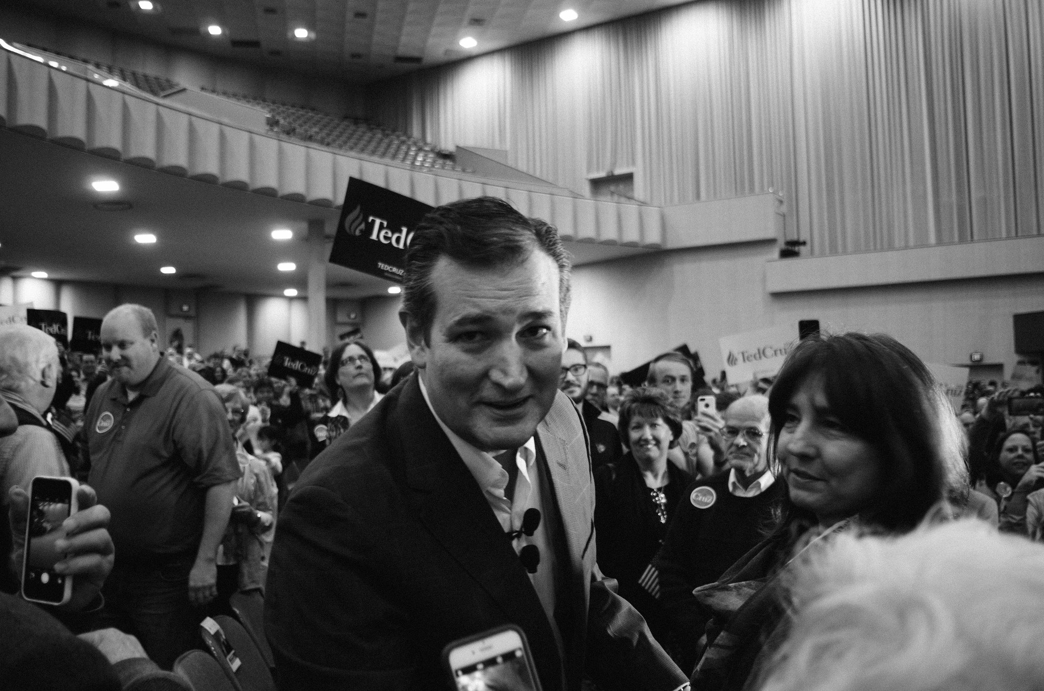 A black and white photo of Ted Cruz in Greenville, South Carolina in November 2015.