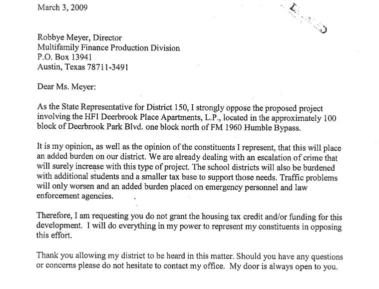 In Riddle's objection to affordable housing letters, she often claims low-income housing will increase crime in her district.