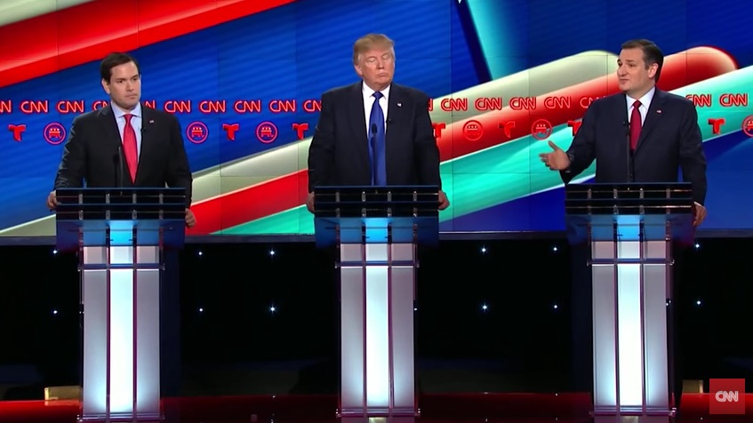 Donald Trump is flanked by Marco Rubio and Ted Cruz, who went on the offensive against The Donald on Thursday night.