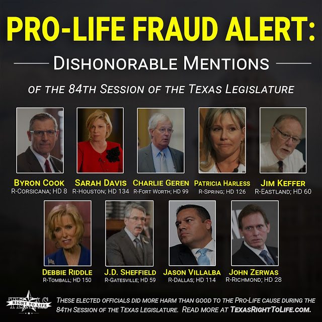 Byron Cook and Debbie Riddle take their places among these "dishonorable" pro-life "frauds," according to Texas Right to Life.
