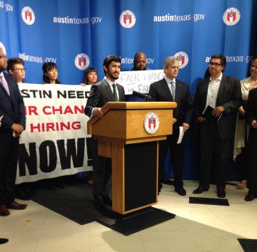 Austin City Council member Greg Casar introduces supporters of a fair chance hiring ordinance Austin employers at a press conference Tuesday, in advance of the council’s vote later in the week.
