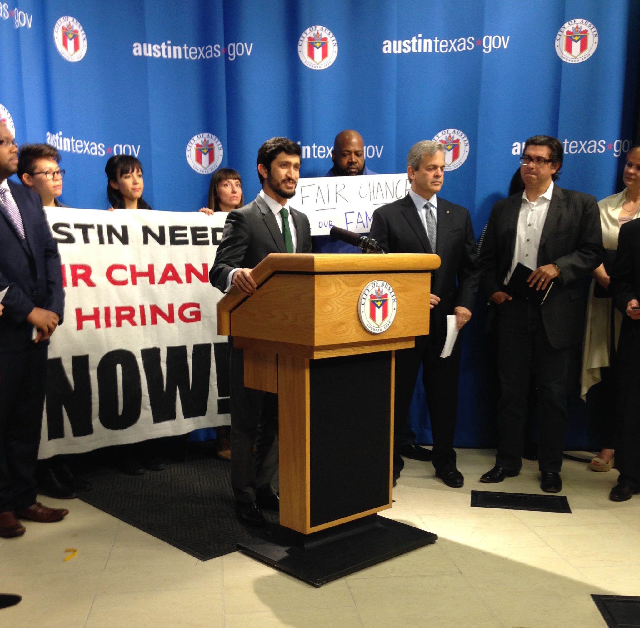 Austin City Council member Greg Casar introduces supporters of a “ban the box” ordinance for private employers at a press conference Tuesday, in advance of the council’s vote on Thursday.