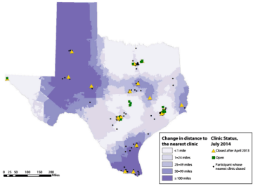 Abortion patients in south and west Texas were hit hardest by clinic closures in the wake of the passage of Texas' omnibus anti-abortion law, HB 2.