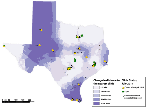 Abortion patients in south and west Texas were hit hardest by clinic closures in the wake of the passage of Texas' omnibus anti-abortion law, HB 2.