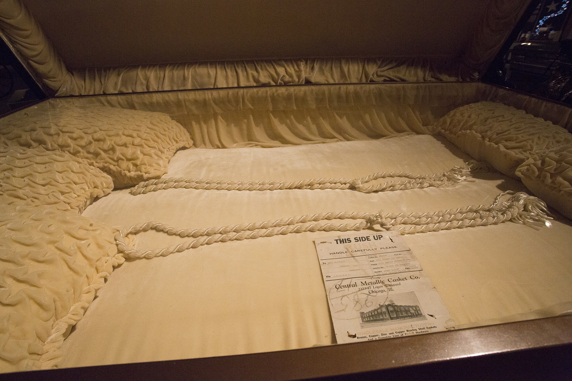 A three-person casket on display at the Museum of Funeral History in Houston.