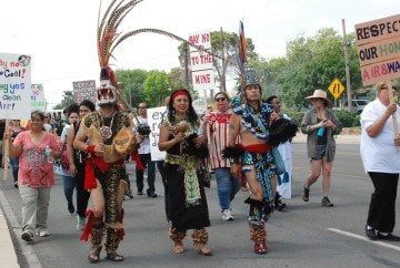 Representatives from Austin Environmental Justice, the Lipan Apache Band of Texas, Pacuache Band Coahuiltecan Nation, Carrizo-Comecrudo Tribe of Texas, and both the American Indian Movements of Central Texas and Southern California participated in the march against the Dos Republicas low-grade coal mine.