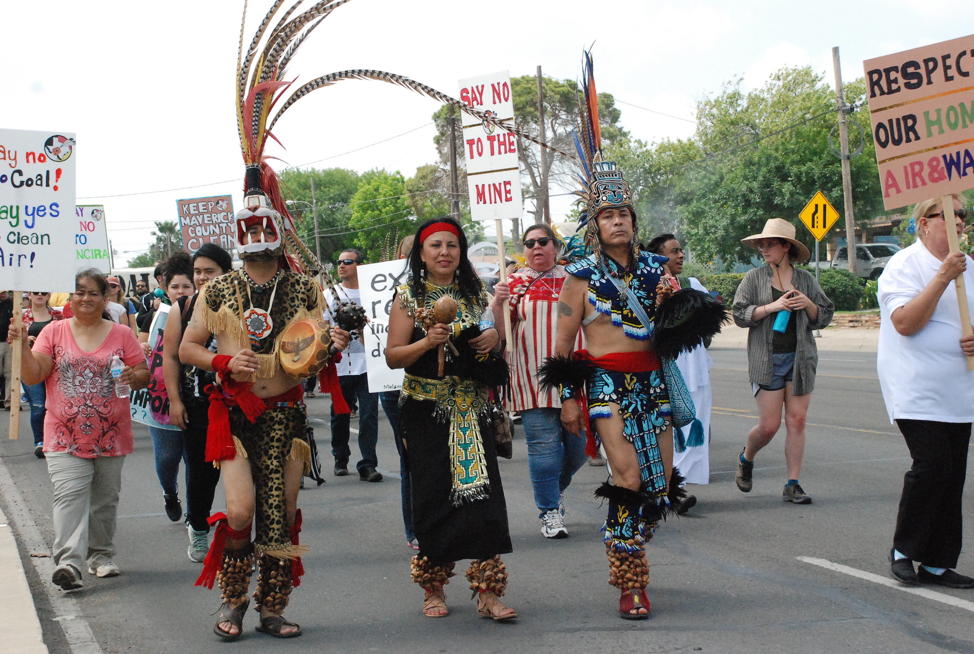 Representatives from the Lipan Apache Band of Texas, Pacuache Band Coahuiltecan Nation, Carrizo-Comecrudo Tribe of Texas, and both the American Indian Movements of Central Texas and Southern California participated in the march against the Dos Republicas low-grade coal mine.