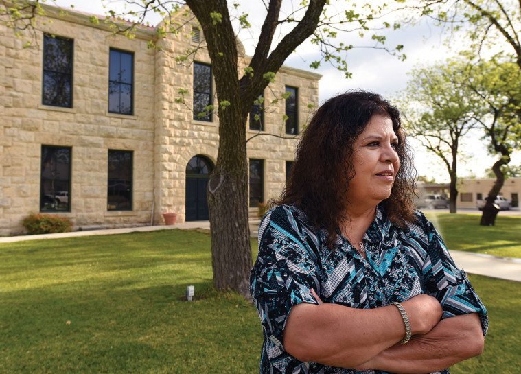 Rachel Gallegos, former Rocksprings mayor, in front of the Edwards County Courthouse.