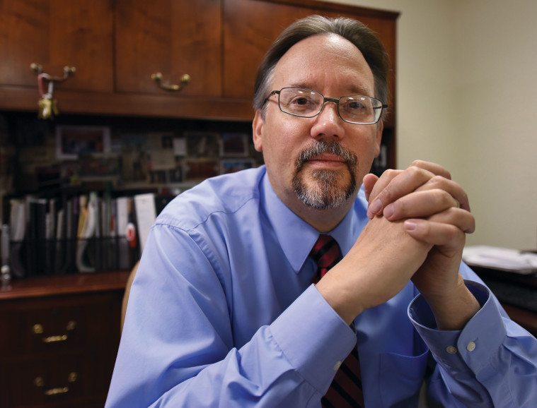 David Velky, superintendent of Rocksprings Independent School District, photographed in his office.