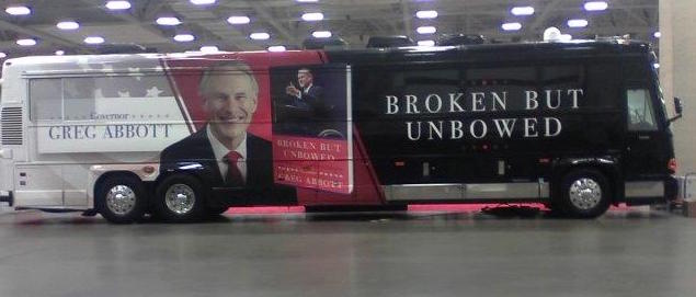 Greg Abbott's promotional bus for his Broken But Unbowed book at the 2016 Texas Republican convention.
