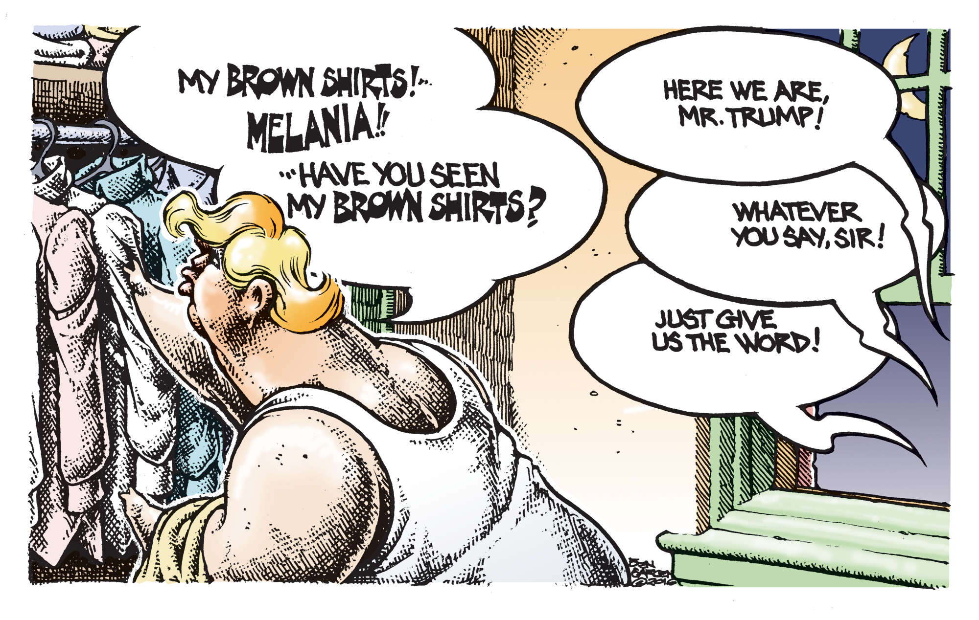 Donald Trump looks for his brown shirts.