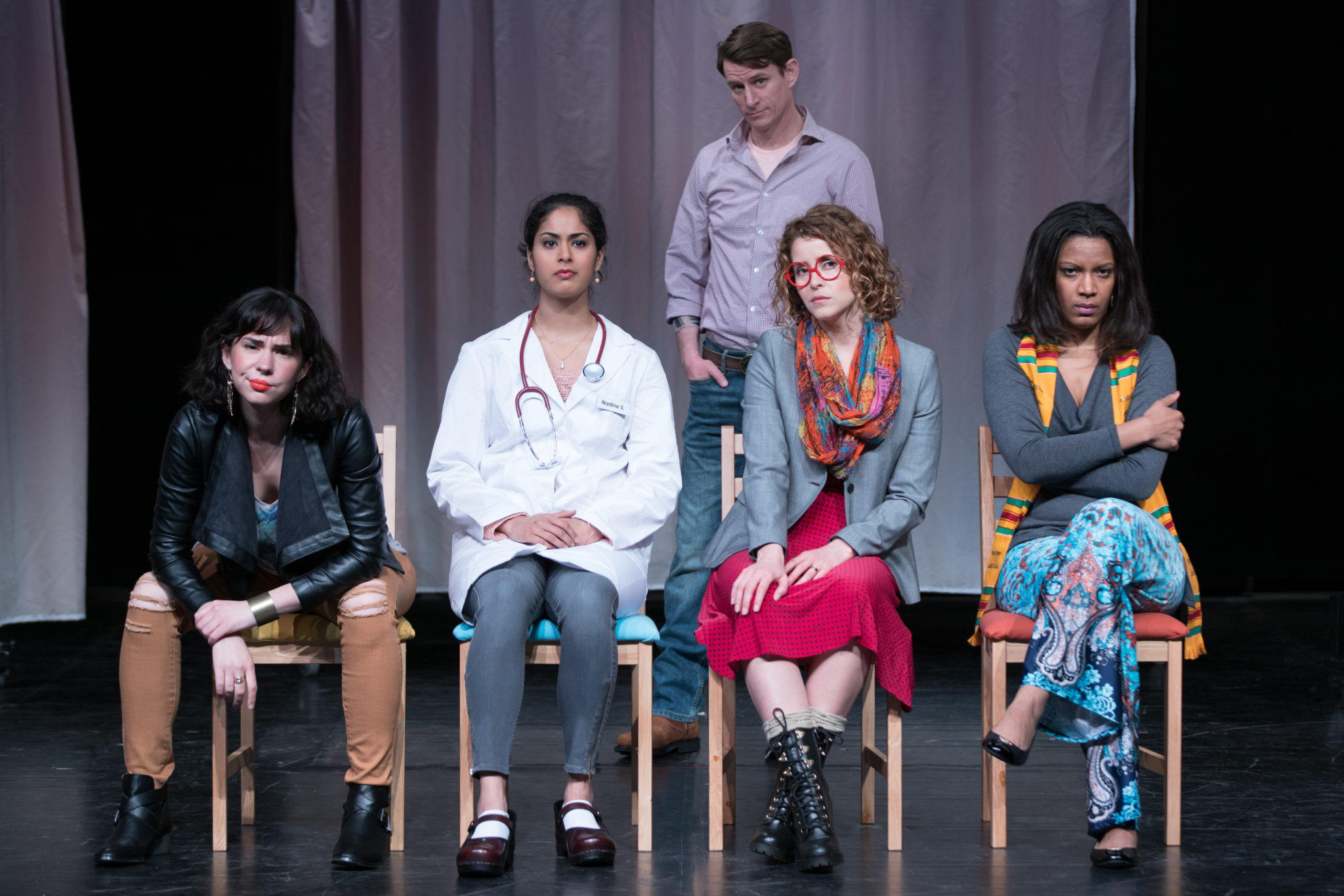 Evelyn Sphar, Shanta Parasuraman, Joshua Everett Johnson, Gisele Chípe and Tracey Conyer Lee perform real-life abortion stories in 'Remarkably Normal,' a nationally touring play about abortion stigma.