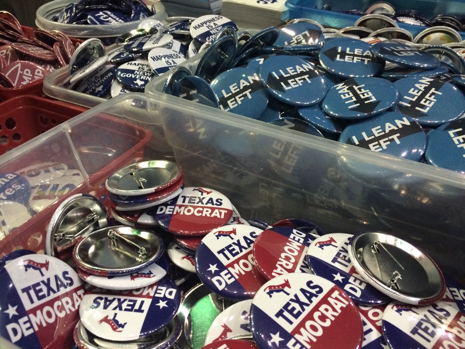 Buttons on display at the 2016 Texas Democratic Convention.