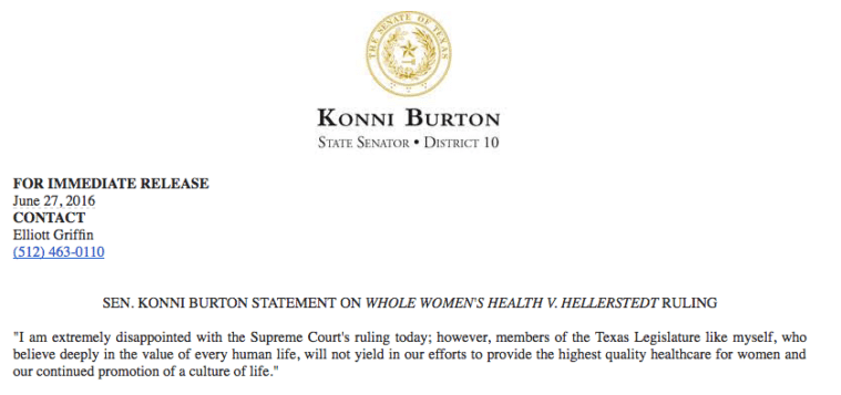 Konni Burton statement on SCOTUS HB 2 ruling.