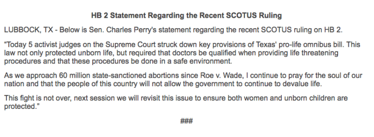 Charles Perry statement on HB 2 SCOTUS ruling.