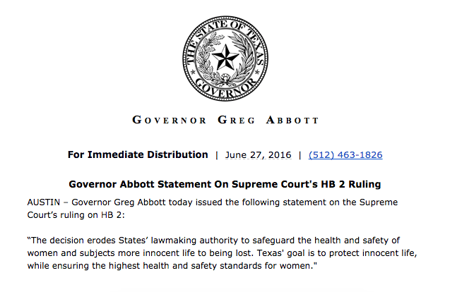 Greg Abbott statement on HB 2.