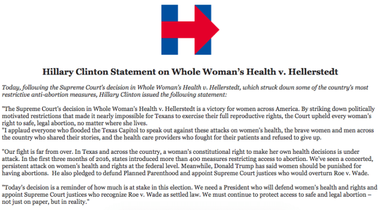 Hillary Clinton statement on SCOTUS HB 2 ruling.