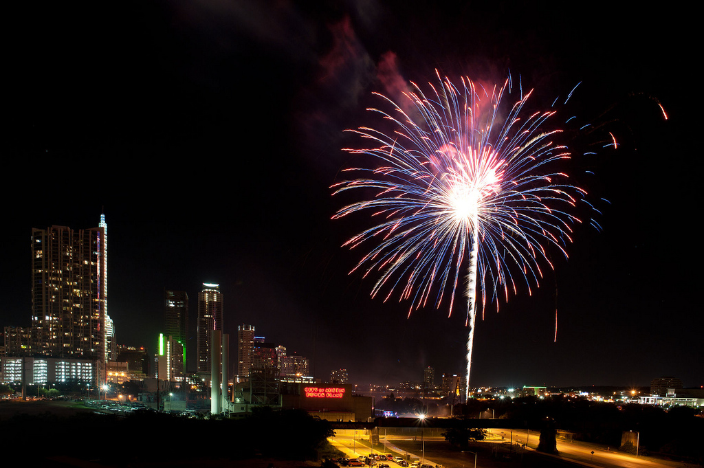 Fireworks over downtown Austin.