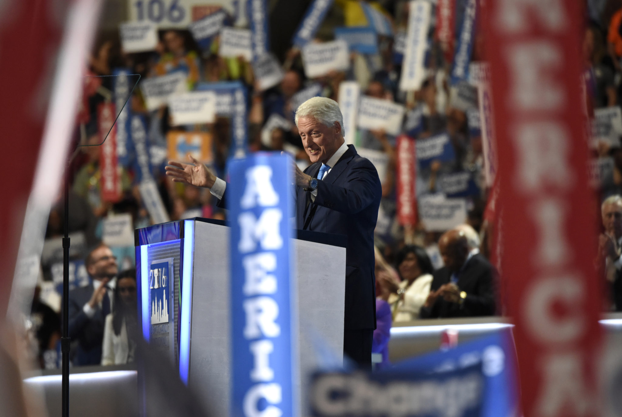 Bill Clinton speaks at the 2016 Democratic National Convention in Philadelphia, deconstructing and reconstructing Hillary Clinton's public biography.
