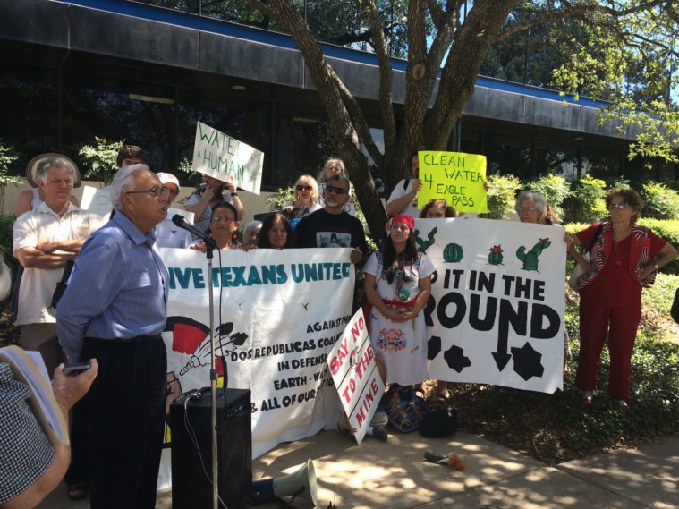 Luis Martinez, a Maverick County resident who opposes the Dos Republicas mine, speaks out against the TCEQ's decision to grant the mine a wastewater permit Wednesday. Nearby Elm Creek runs through Martinez's property.