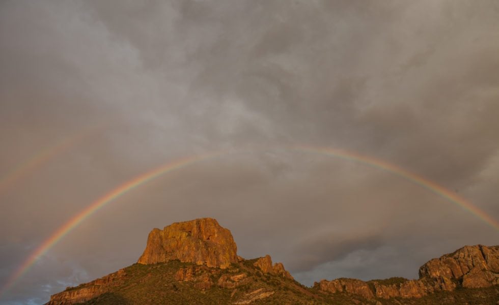 A double rainbow appeared at sunset over Casa Grande after an evening rain in Big Bend National Park in June.