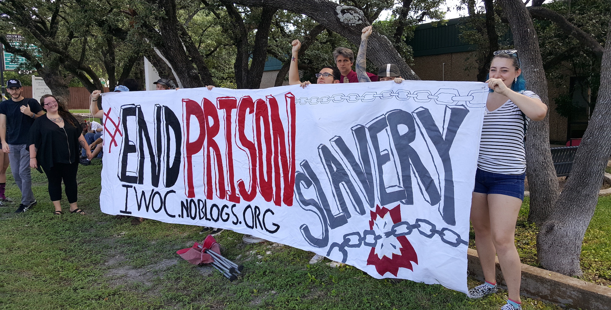 Austin protesters, demonstrating at the same time as hundreds of incarcerated people across the country, cast unpaid prison labor as modern-day 'slavery.'