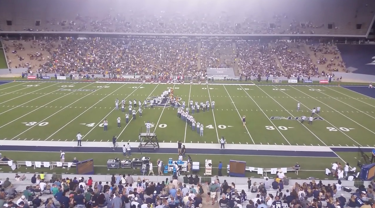 Rice University's Marching Owl Band gets in a dig at now-former Baylor University president Ken Starr during a halftime performance on September 16, 2016.