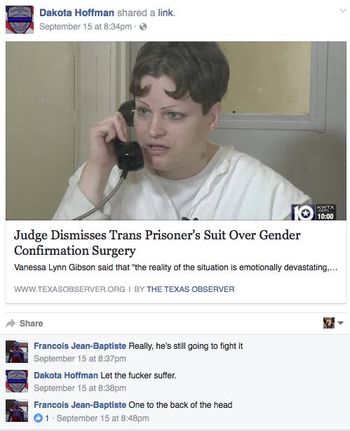 Accounts that appear to belong to Texas correctional officers posted violent and transphobic comments to a September Observer story about an incarcerated trans woman.