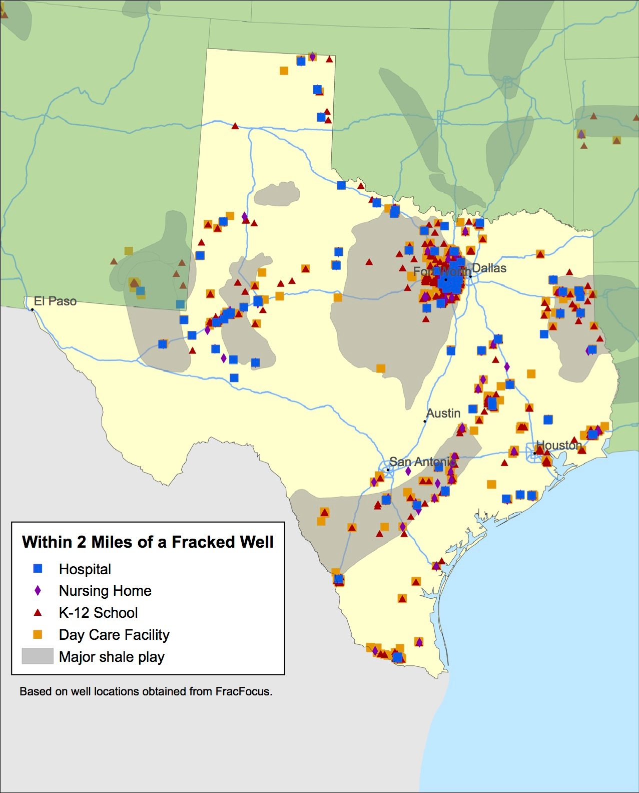 Hospitals, nursing homes and schools in Texas in close proximity to fracking operations put children at particular risk, say environmental groups.