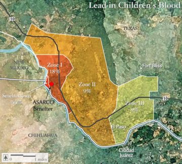 A map shows how levels of lead poisoning in children's blood declined with distance from Smeltertown.