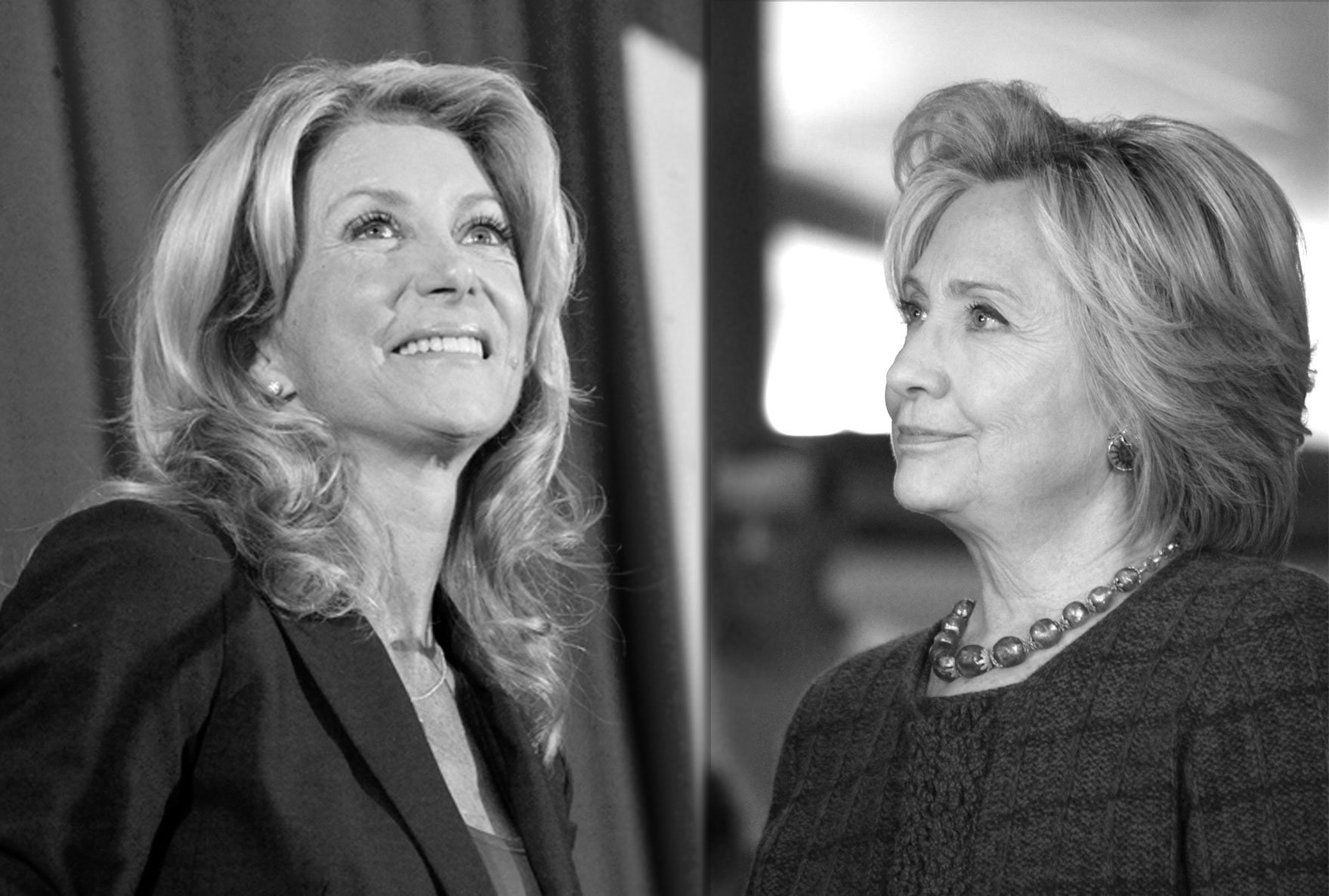 Wendy Davis at her gubernatorial campaign announcement in 2013; Hillary Clinton at an Iowa presidential campaign stop in 2016.