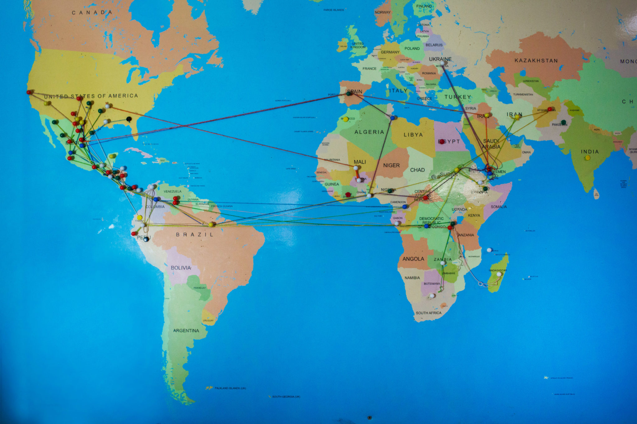 A map at Casa Marianella noting residents' home countries and the routes they took to the U.S. 