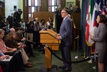 Lieutenant Governor Dan Patrick speaks Thursday during a news conference to unveil Senate Bill 6, an anti-transgender bathroom bill, at the Texas Capitol. 
