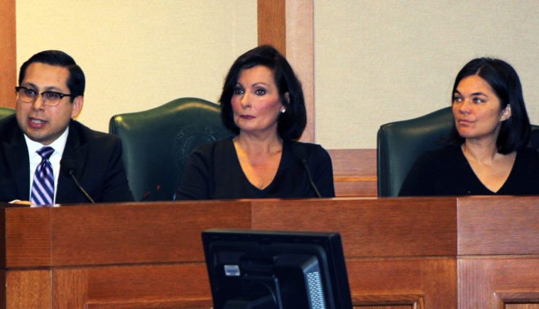 Representative Diego Bernal, D-San Antonio, from left, speaks during a briefing on anti-LGBT bills at the Capitol on Thursday, along with Greensboro, North Carolina Mayor Nancy Vaughan and Alamo Drafthouse co-founder Karrie League. 