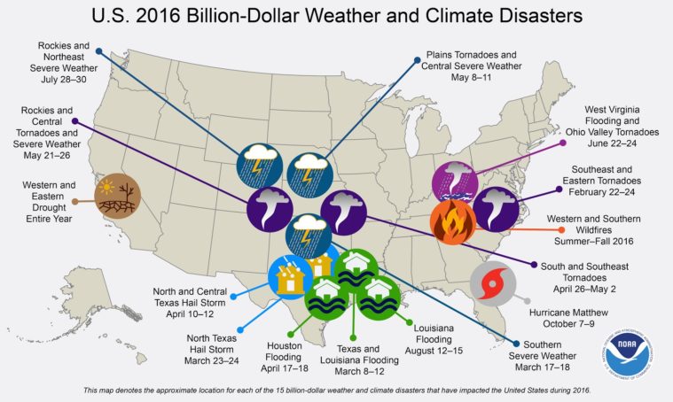 Seven of the 15 weather events in 2016 that caused more than a $1 billion in damages affected Texas.