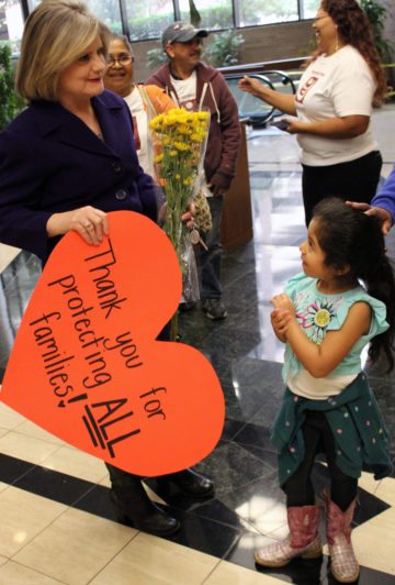 Travis County Sheriff Sally Hernandez with a supporter following a press conference about her "sanctuary city" policy. 