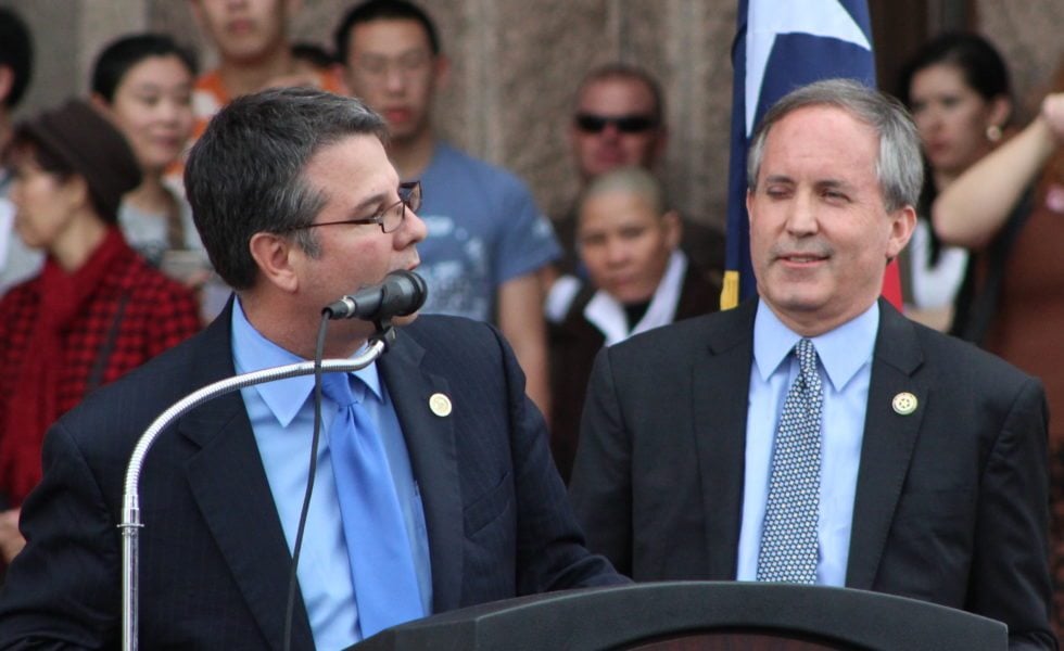 Senator Charles Perry, a Republican from Lubbock who authored SB 4, introduces Attorney General Ken Paxton during