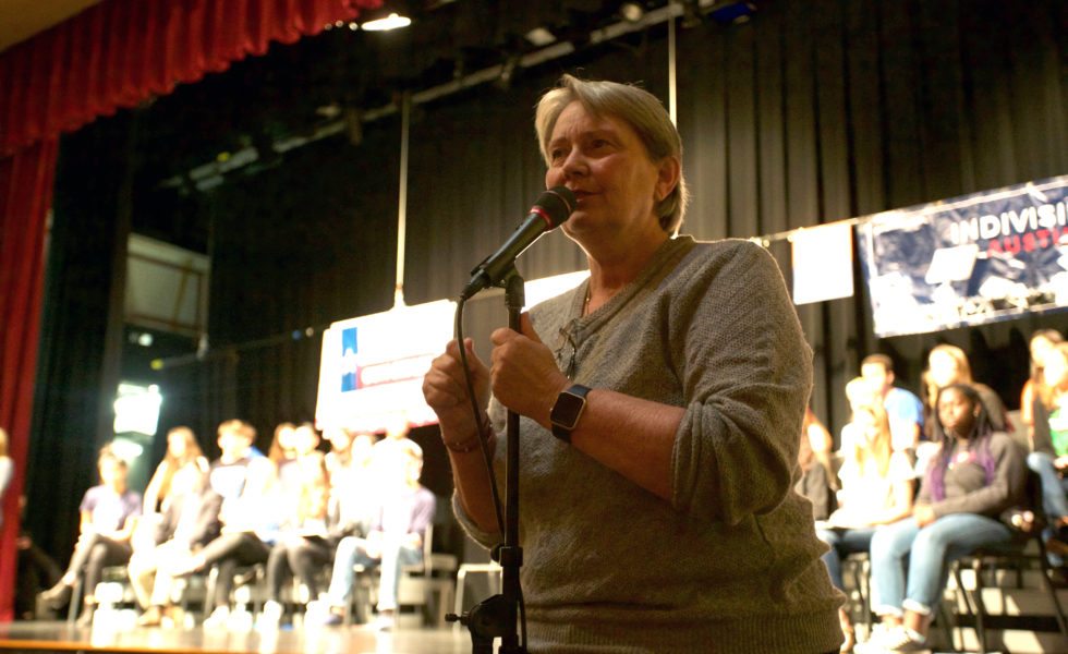 Wilson speaks at a March for Our Lives town hall at William B. Travis High School in Austin.