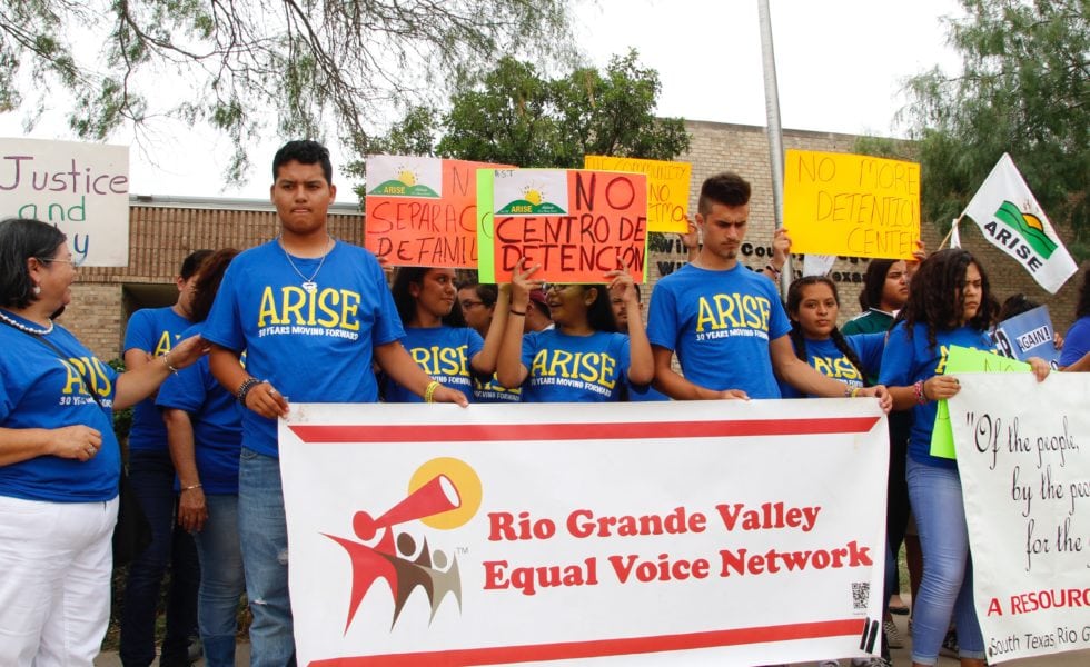 Protesters outside the Willacy County courthouse.