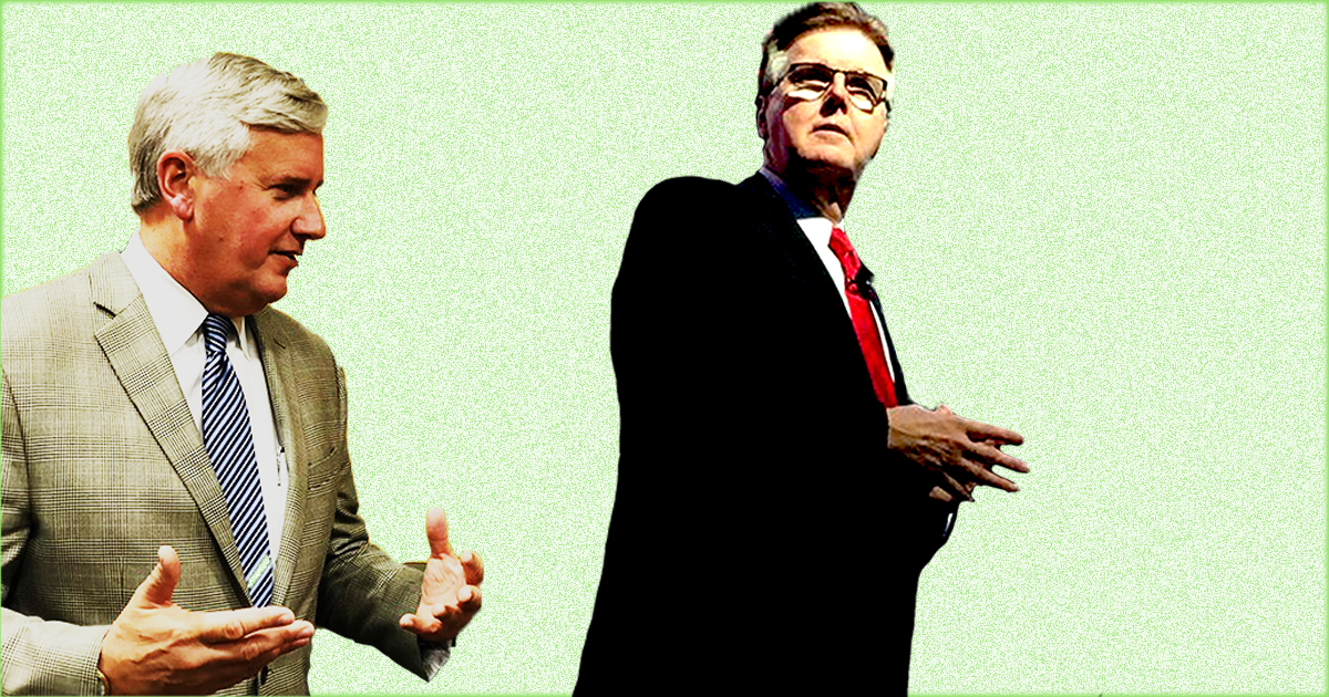 An illustration of Mike Collier, standing behind Dan Patrick, both seen in partial profile wearing suits.