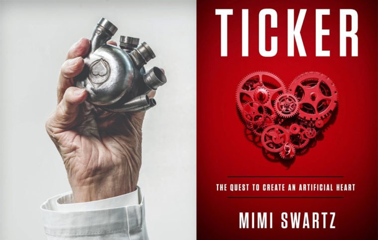 Left: O.H. “Bud” Frazier holding the Bivacor artificial heart in 2016. Right: <em>Ticker: The Quest to Create an Artificial Heart</em>
by Mimi Swartz; Crown; $27; 304 pages