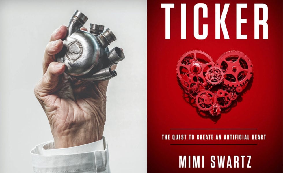 Left: O.H. “Bud” Frazier holding the Bivacor artificial heart in 2016. Right: <em>Ticker: The Quest to Create an Artificial Heart</em>
by Mimi Swartz; Crown; $27; 304 pages